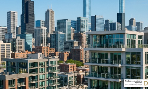 Chicago skyline with modern apartment buildings featuring fitness centers - Apartments with fitness center Chicago Chicago skyline with modern apartment buildings featuring fitness centers - Apartments with fitness center Chicago