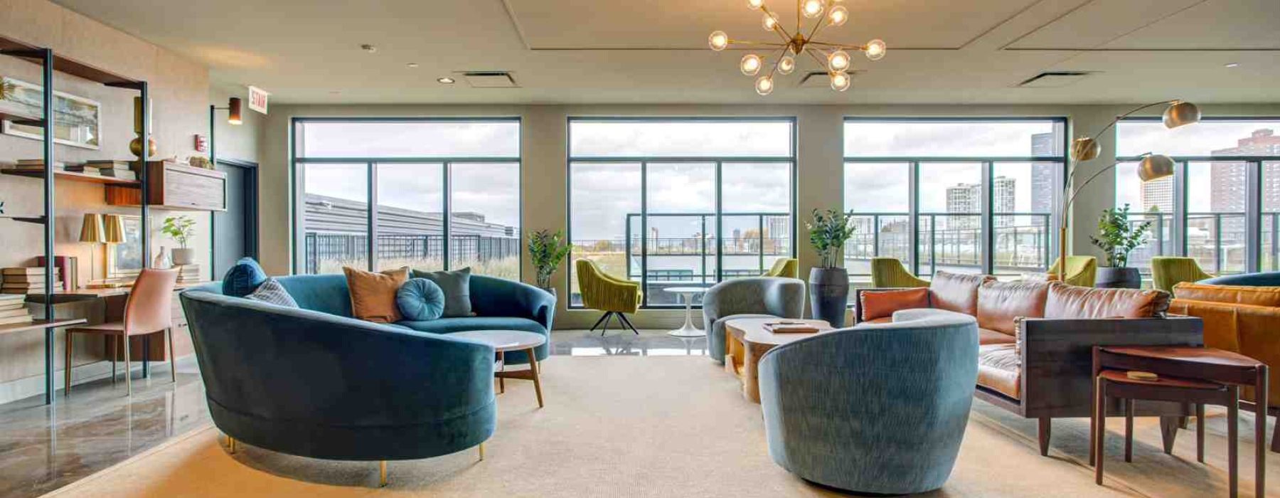 Spacious apartment living room with cozy spots for pets