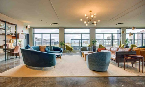 Spacious apartment living room with cozy spots for pets