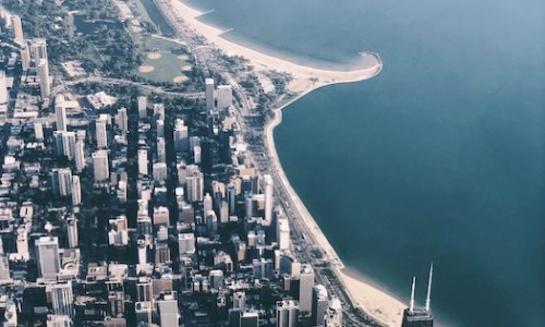 aerial view of uptown chicago and lake michigan